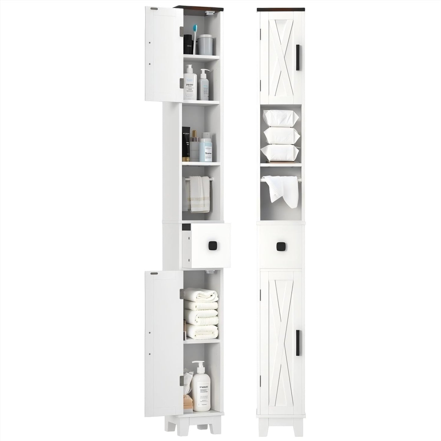 EROMMY Narrow Bathroom Storage Cabinet,71'' Tall Slim Bathroom Cabinet with Adjustable Shelves & Towel Bar, Skinny Freestanding Floor Cabinet for Small Space, Living Room, Shower Room, White
