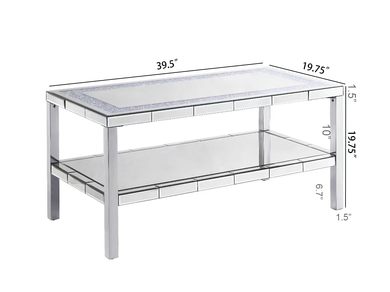 Olodumare Elegant 2 Tiers of Shiny Silver Mirrored Coffee Table, Crystals Inlay,and Stainless Steel Frame,Modern Rectangle Cocktail Table/End Table for Living Room and Kitchen, 39.5 Inches
