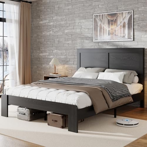 Queen Size high Bed Frame - Wooden Platform with Headboard， with Under Bed Storage， Farmhouse Rustic Bed Frame，No Box Spring Needed, Easy Assembly, Black