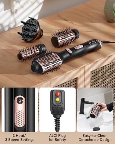 Terviiix 4-in-1 Hot Air Rotating Blow Dryer Brush Kit – 1000W with Rotatable Round Brushes (2 Sizes), Oval Volumizer, and Diffuser – Ideal for Curly Hair, with Arthritis-Friendly Big Buttons, Black