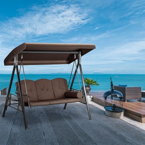 Pamapic 3-Seat Porch Swing with All-Weather Steel Frame, Adjustable Swing Chair with Canopy, Removable Cushion and Pillow Hammock with Stand for Outside, Backyard, Porch, Poolside, Balcony (Topaz)