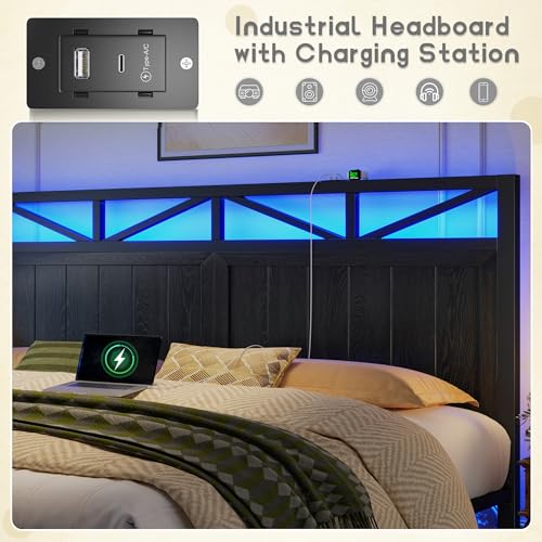 Homkdom King Size Bed Frame with 2 Storage and LED Lights, King Bed Frame and Headboard Built in Charging Station,Noise-Free,Easy Assembly, No Box Spring Needed, Black