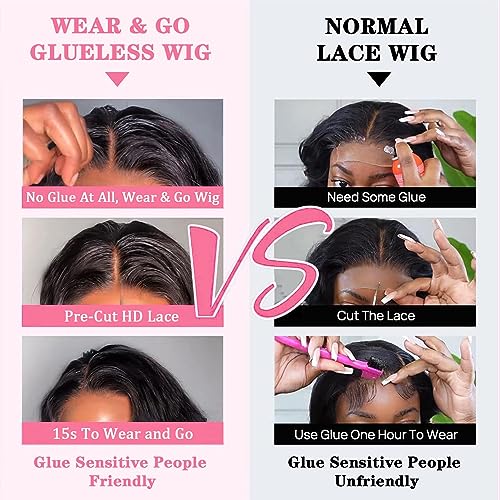 Wear and Go Glueless Bob Wig - Body Wave Lace Front Human Hair Wigs for Black Women - Pre Plucked and Pre Cut 4x4 Lace Closure - No Glue Needed for Beginners 12 Inch