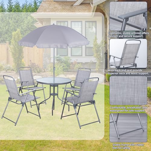 Shintenchi 6 Piece Patio Dining Set with Umbrella, Outdoor Furniture Set with 4 Folding Chairs and Tempered Glass Top Dining Table fot Lawn Backyard Garden Porch Silver