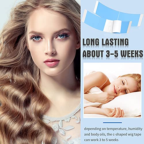 Maitys 120 Pieces Lace Front Wig Tape Double Sided Adhesive Waterproof C-Shaped for Long Short No Hair Wigs Toupees Pieces and Extension(Blue)