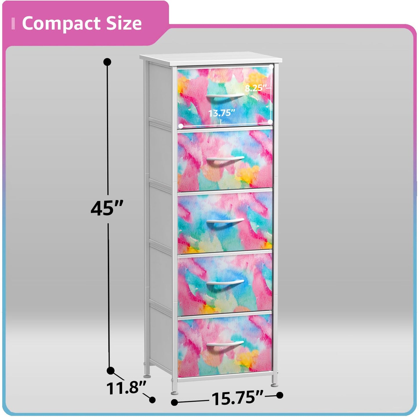 Sorbus Kids Dresser with 5 Drawers - Storage Chest Organizer Nightstand - Steel Frame, Wood Top, Tie-Dye Fabric Bins for Clothes - Wide Furniture for Bedroom, Hallway, Nursery, Closet, & Apartment