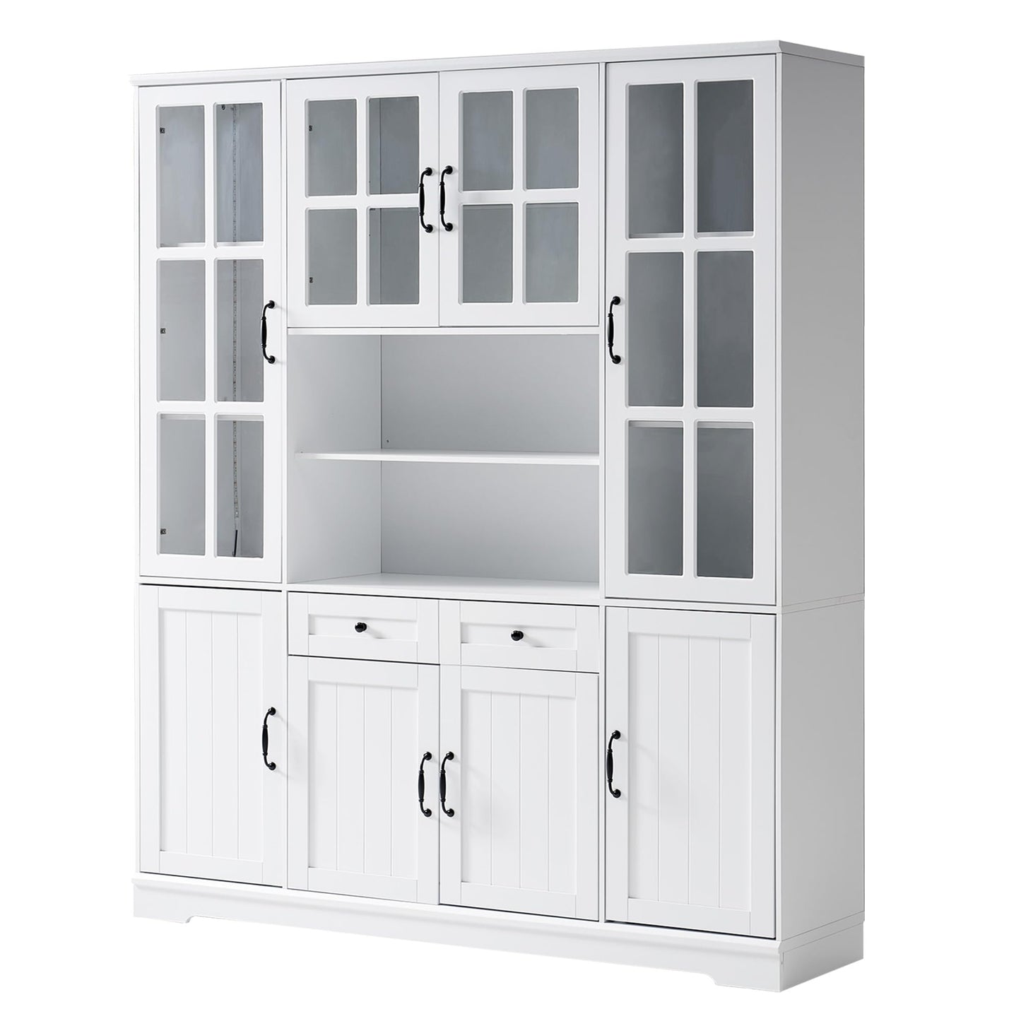 AMERLIFE 79" Tall Storage Cabinet with Glass Doors & LED Lights, Modern Large Display Cabinet with Drawer & Adjustable Shelves, Accent Furniture for Study/Living Room, Dining Room, Home Office, White