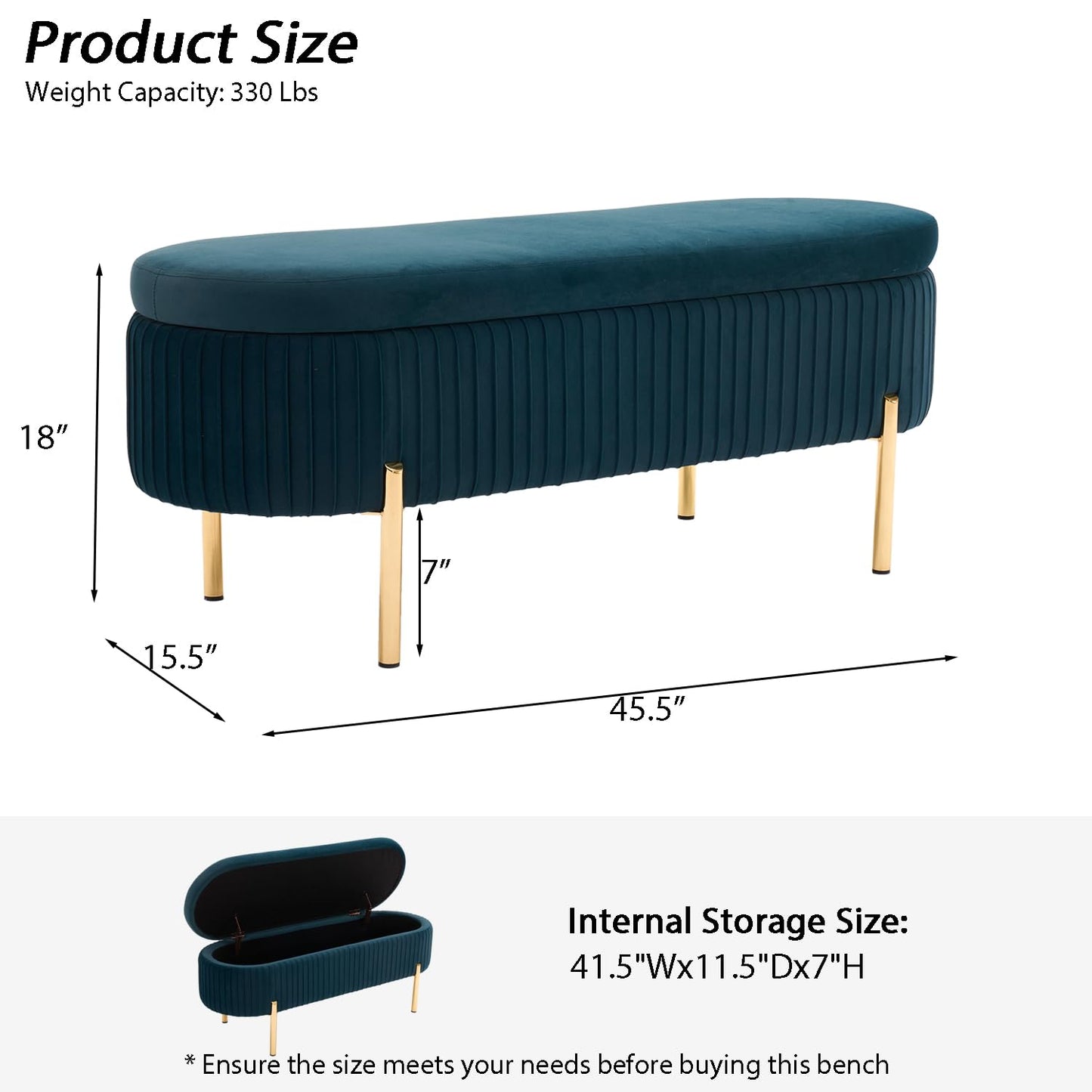 AIITTCC Velvet Storage Bench for Bedroom Upholstered End of Bed Bench Modern Ottoman with Gold Legs for Living Room/Window/Entryway (Teal/Blue-Green, Oval-45.5" W)