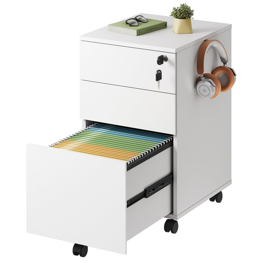 DEVAISE 3 Drawer Rolling File Cabinet with Lock, Wood Under Desk Filing Cabinet fits Letter/Legal/A4 Size for Home Office, White
