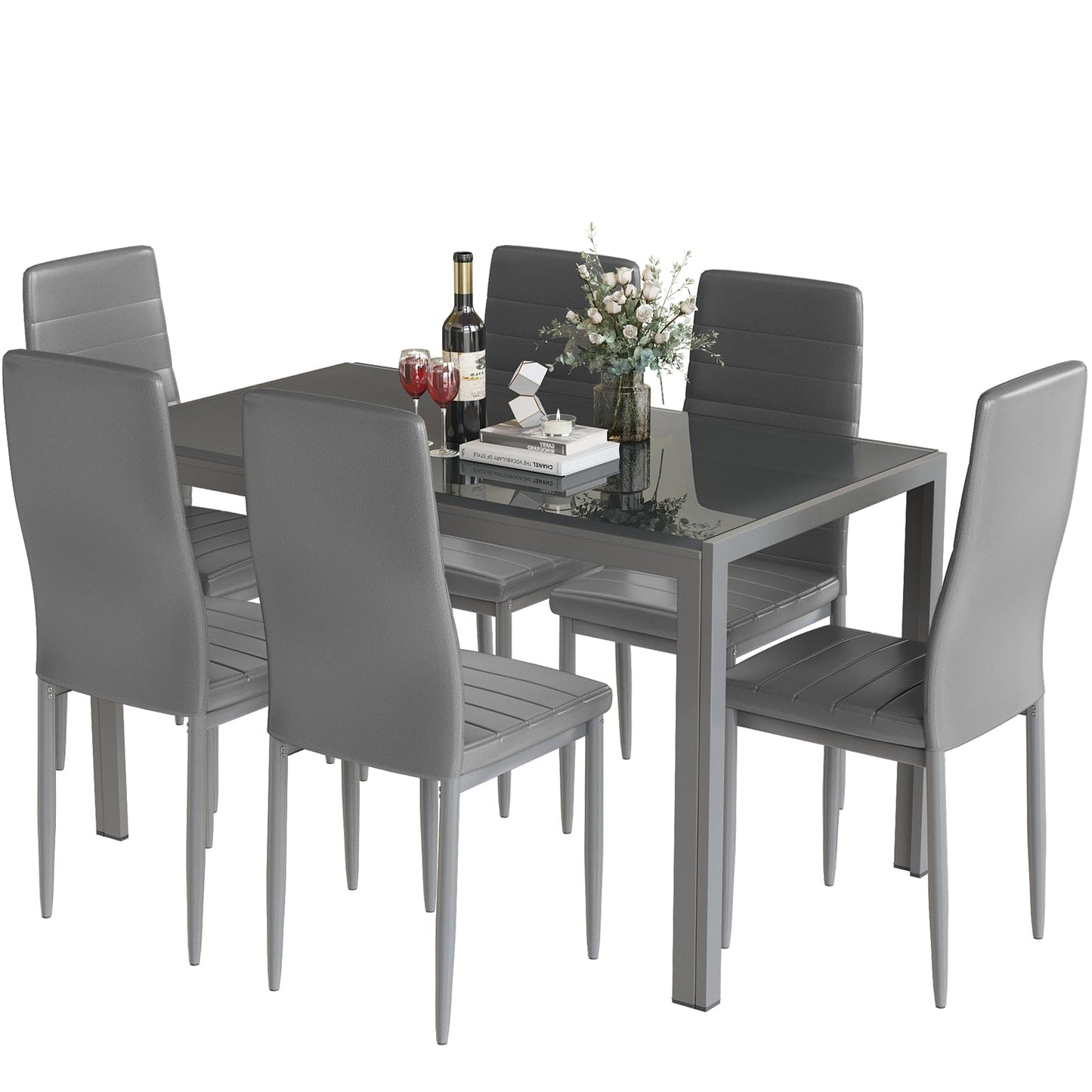 Recaceik Glass Dining Table Sets for 6, 7 Piece Kitchen Table and Chairs Set for 6 Person, Tempered Glass Table and PU Leather Chairs Modern Dining Room Sets for Small Space