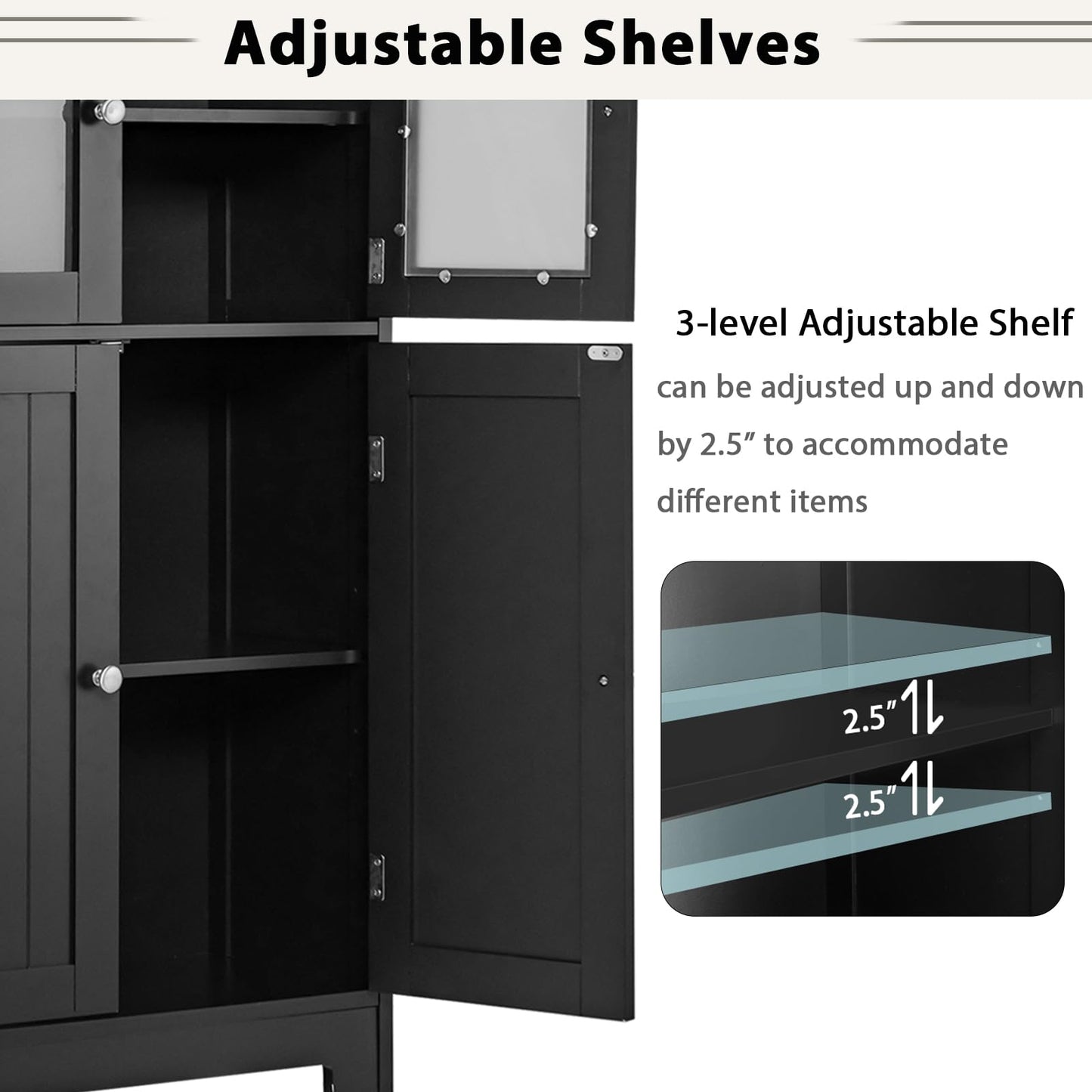 POWERSTONE Bathroom Storage Cabinet, Freestanding Floor Cabinet Organizer with Glass Doors & Adjustable Shelf, Wooden Kitchen Pantry Cupboard for Living Room, Bathroom, Office, Entryway (Black)