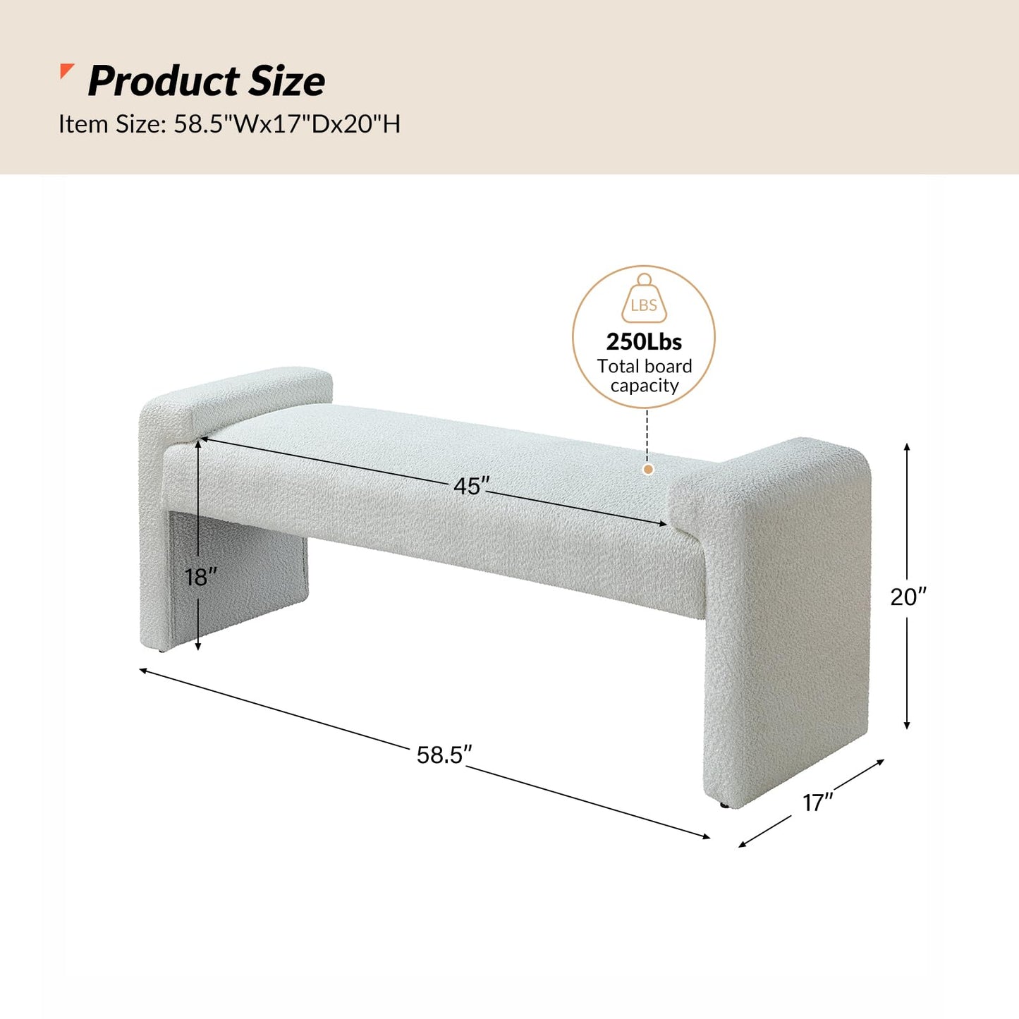 HULALA HOME 58.5" End of Bed Bench, Modern Fabric Upholstered Entryway Bench with Solid Wood Frame, Ivory