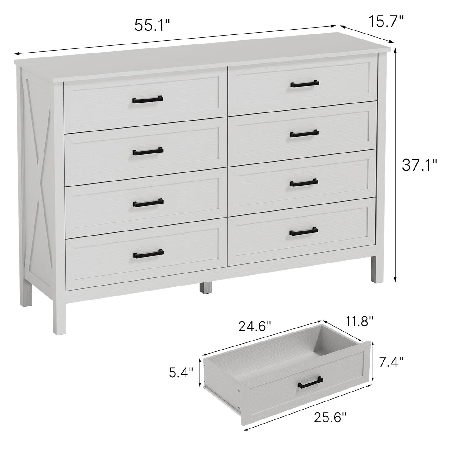 LYNSOM Farmhouse 8 Drawer Dresser for Bedroom, 55 Inch Wide Wood Rustic Chest of Drawers with X-Marking & Bar Handle, Large Storage Dressers Organizer for Bedroom, Living Room, White