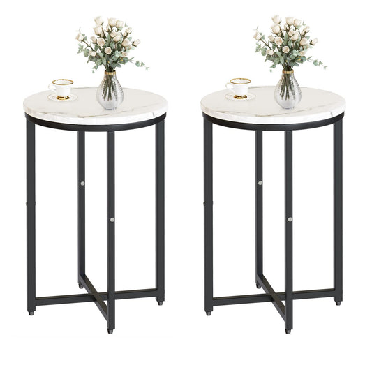 DKLGG Modern Black Side Table Set of 2, Small Coffee Table Round End Table with Black Frame, Faux Marble Bedside Table for Living Room, Bedroom, Small Space, 16" D*24" H