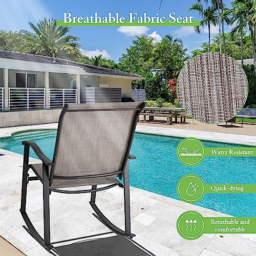 Shintenchi 3 Piece Rocking Bistro Set, Outdoor Furniture with Rocker Chairs and Glass Coffee Table Set of 3, Balcony, Porch Furniture for Small Space, Gray