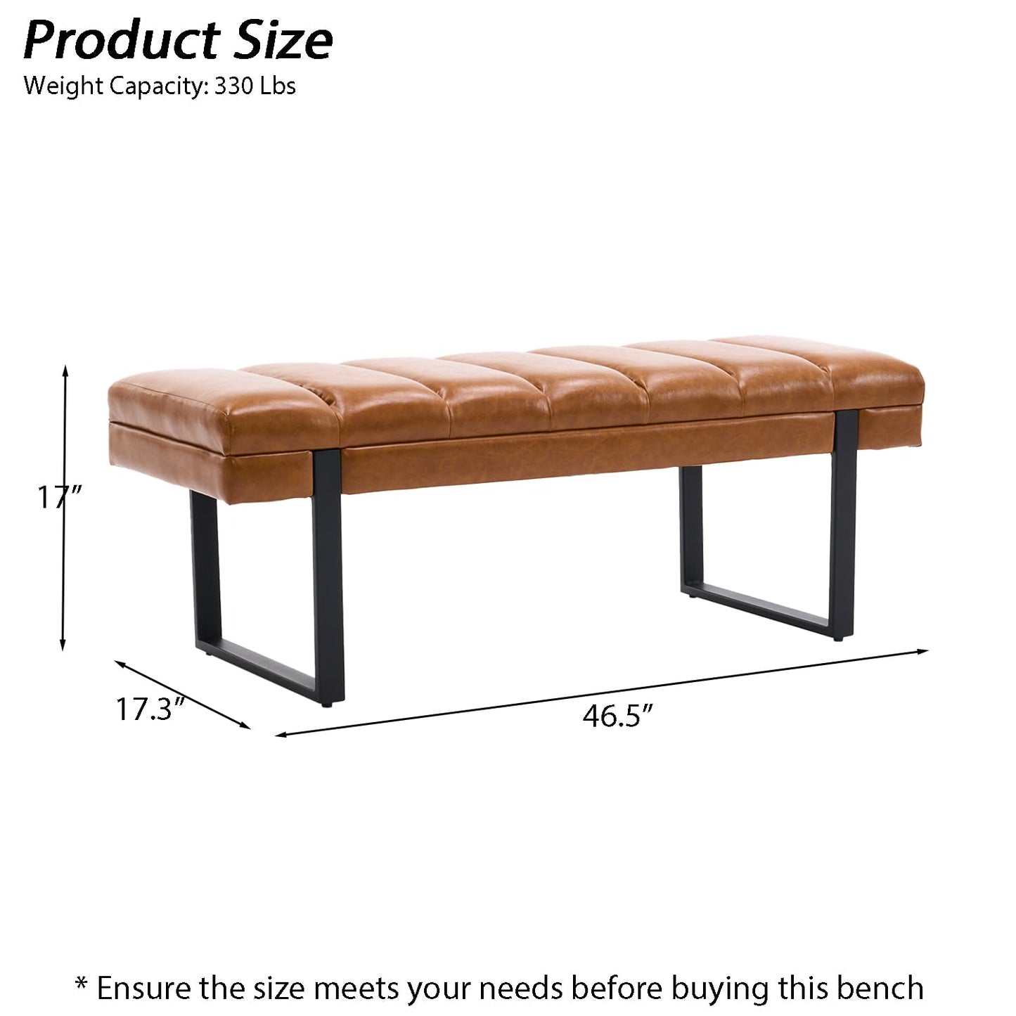 AIITTCC Faux Leather Ottoman Bench, Tufted Padded End of Bed Bench with Metal Legs, Upholstered Dining Table Bench Shoe Bench for Bedroom Living Room Entryway Window (Camel Brown, 46" Wide)