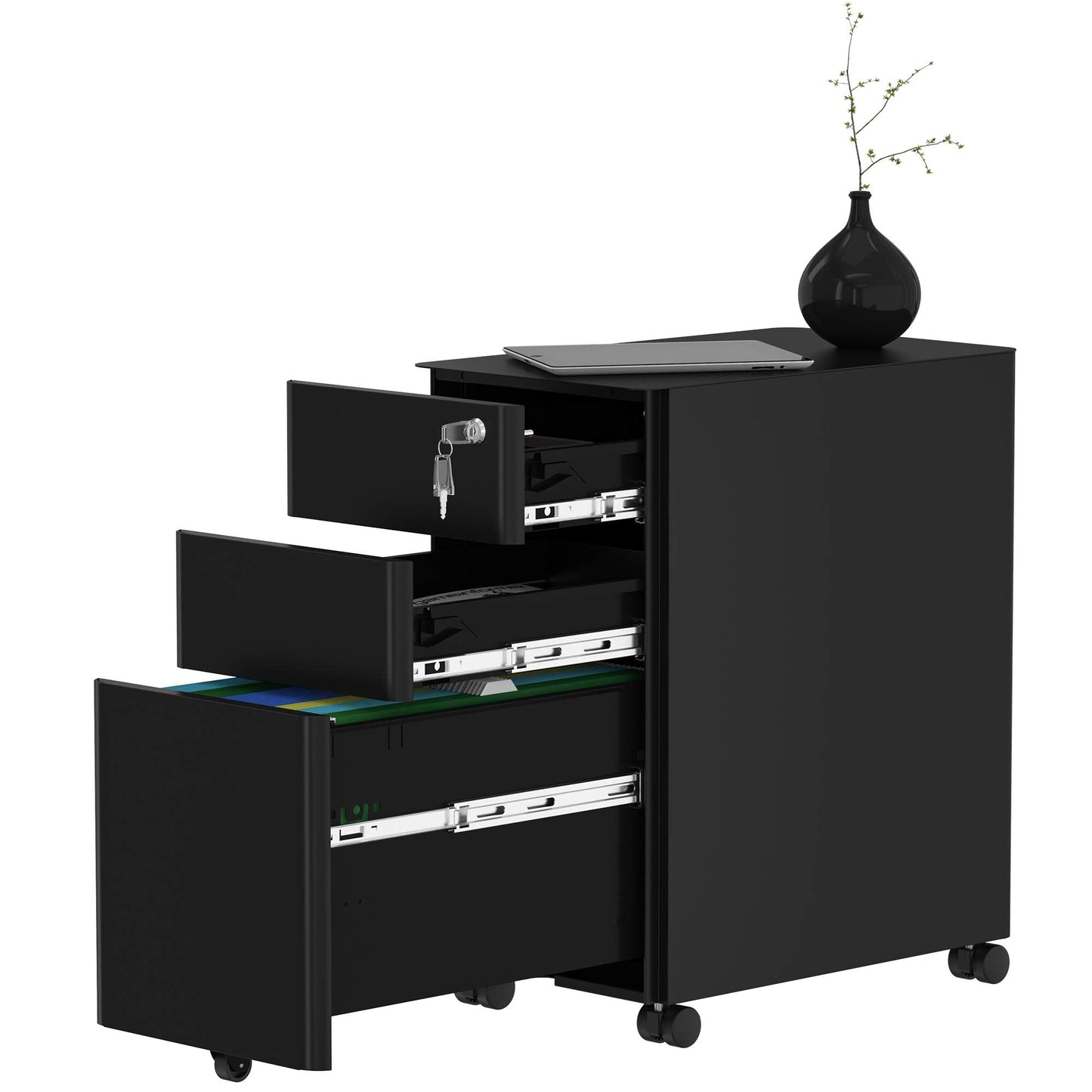 YITAHOME 3-Drawer Metal Filing Cabinet Office Drawers with Keys, Compact Slim Portable File Cabinet, Pre-Built Office Storage Solution for A4/Letter/Legal, Black