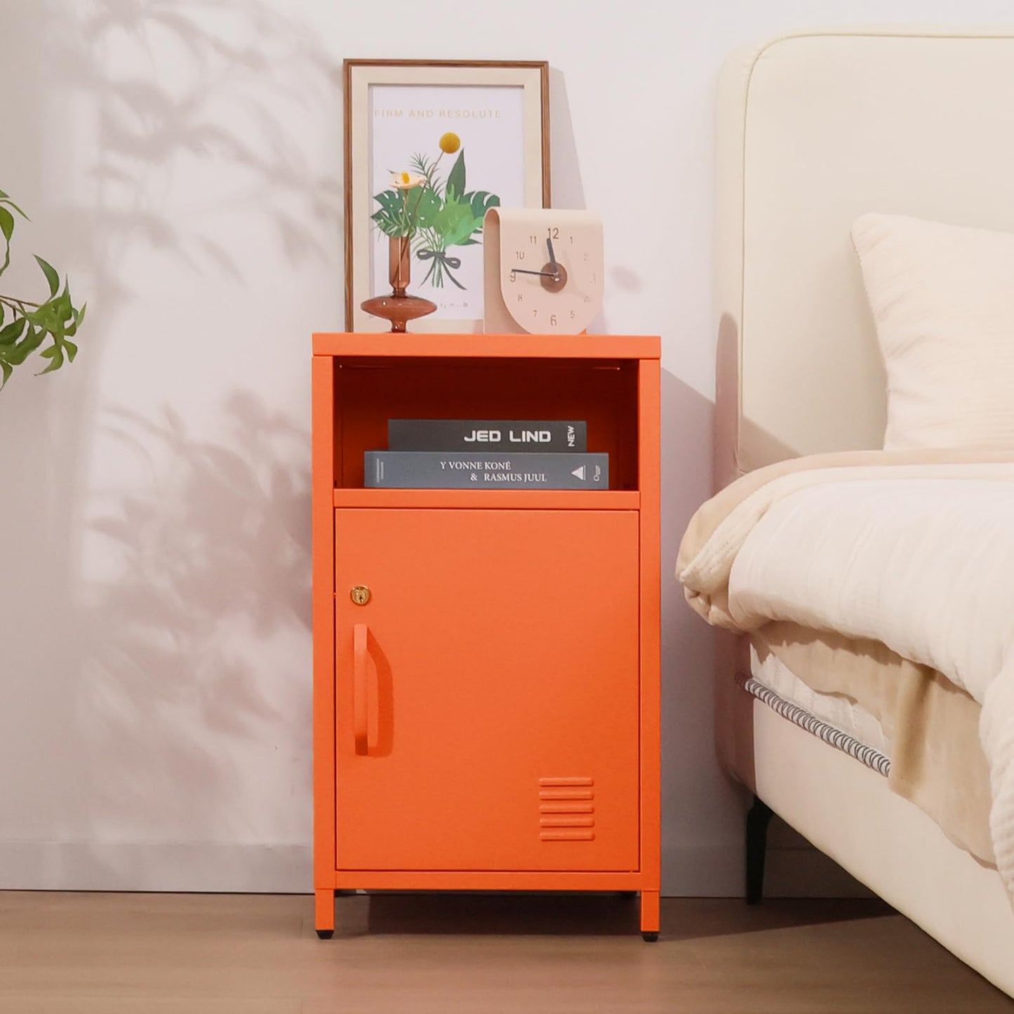 ALBAD Compact Metal Nightstand with Lockable Cabinet and Open Shelf, Modern Bedside Table, Versatile Side Table for Bedroom, Living Room, or Office (Orange, 26" H-Lockable Door)