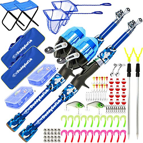 DaddyGoFish Kids Fishing Pole - Rod Reel Combo Tackle Box Starter Set - First Year Small Dock Gear Kit for Boys Girls Toddler Youth Age Beginner Little Children Junior Anglers (2 Pack Pink + Pink 5ft)