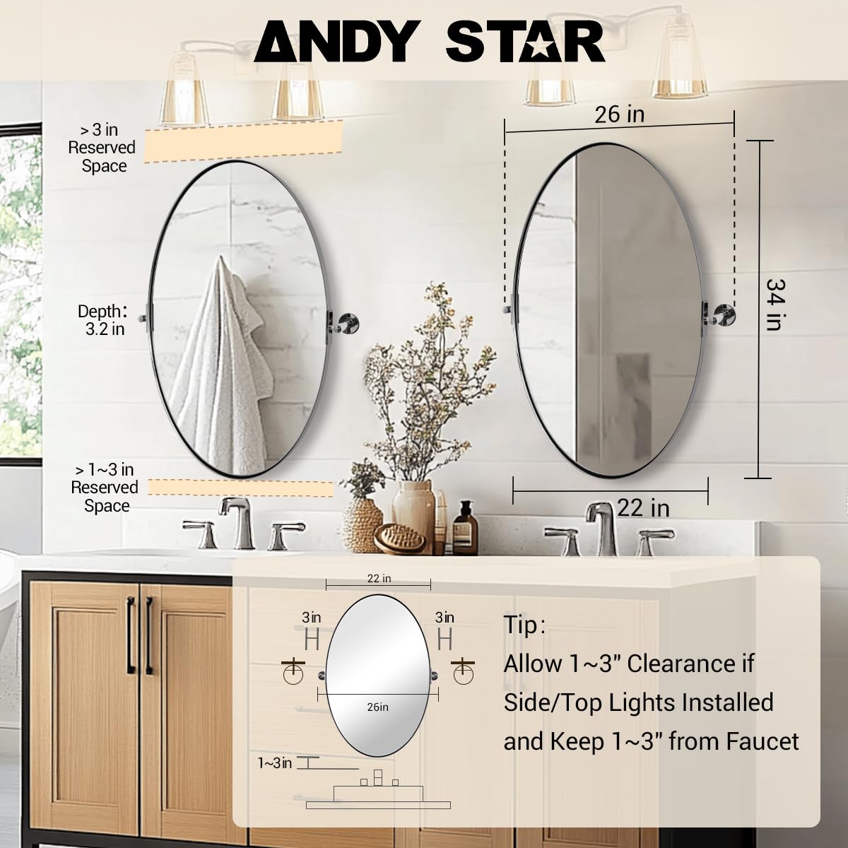 ANDY STAR Oval Bathroom Mirror, 22" x 34" Chrome Stainless Steel Metal Frame Pivoting Mirror for Over Sink with Adjustable Tilting Design, Vanity Mirror for Modern Wall