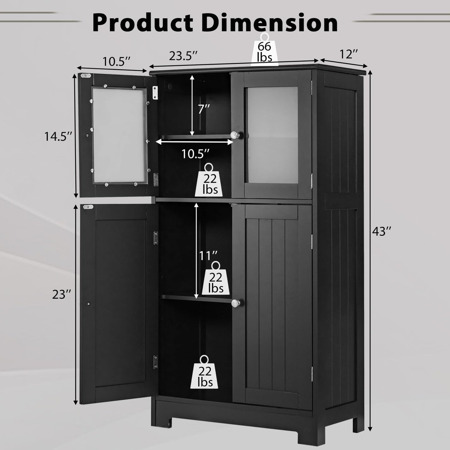 POWERSTONE Bathroom Storage Cabinet, Freestanding Floor Cabinet Organizer with Glass Doors & Adjustable Shelf, Wooden Kitchen Pantry Cupboard for Living Room, Bathroom, Office, Entryway (Black)