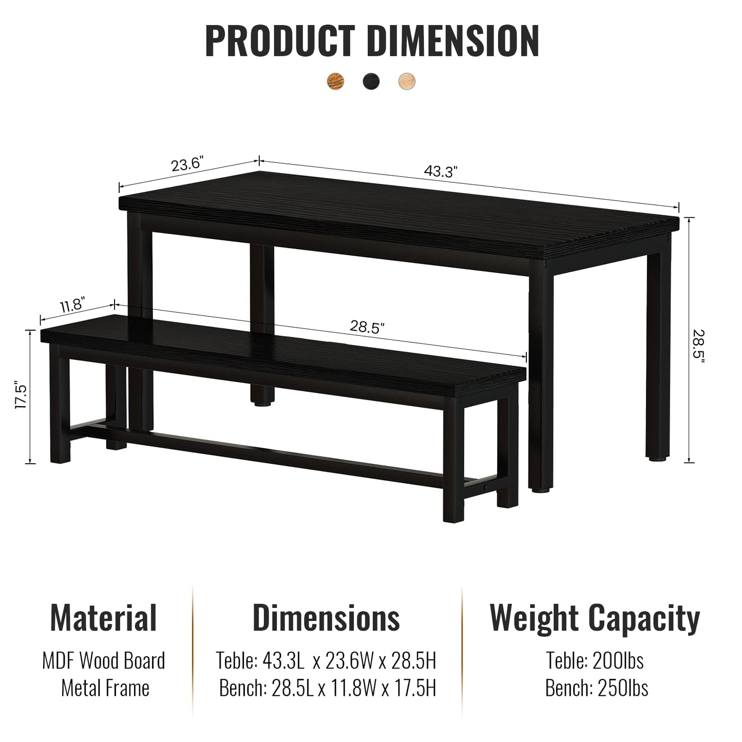AWQM Dining Table Set for 4, Kitchen Dining Table with 2 Benches, Dining Room Table Set with Metal Frame & Thickened Board for Kitchen, Restaurant, Black, 43'' Breakfast Table Set (A006-11H2-L)