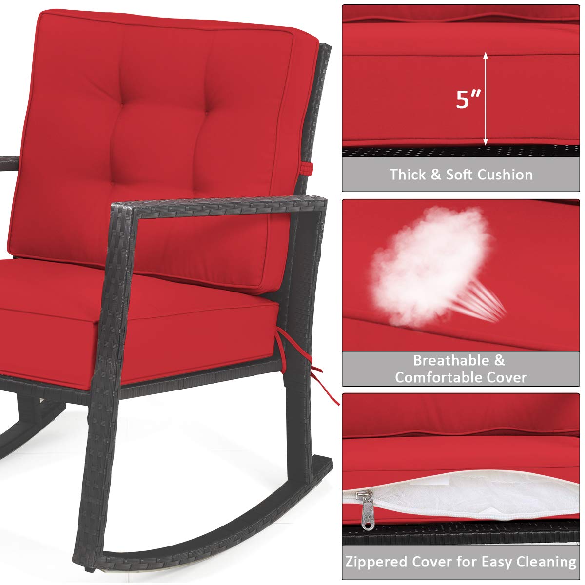 HAPPYGRILL Wicker Rocking Chair, Outdoor Patio Glider Chair with Heavy-Duty Frame, Thick Cushion, Rattan Rocking Chair for Backyard Garden Porch