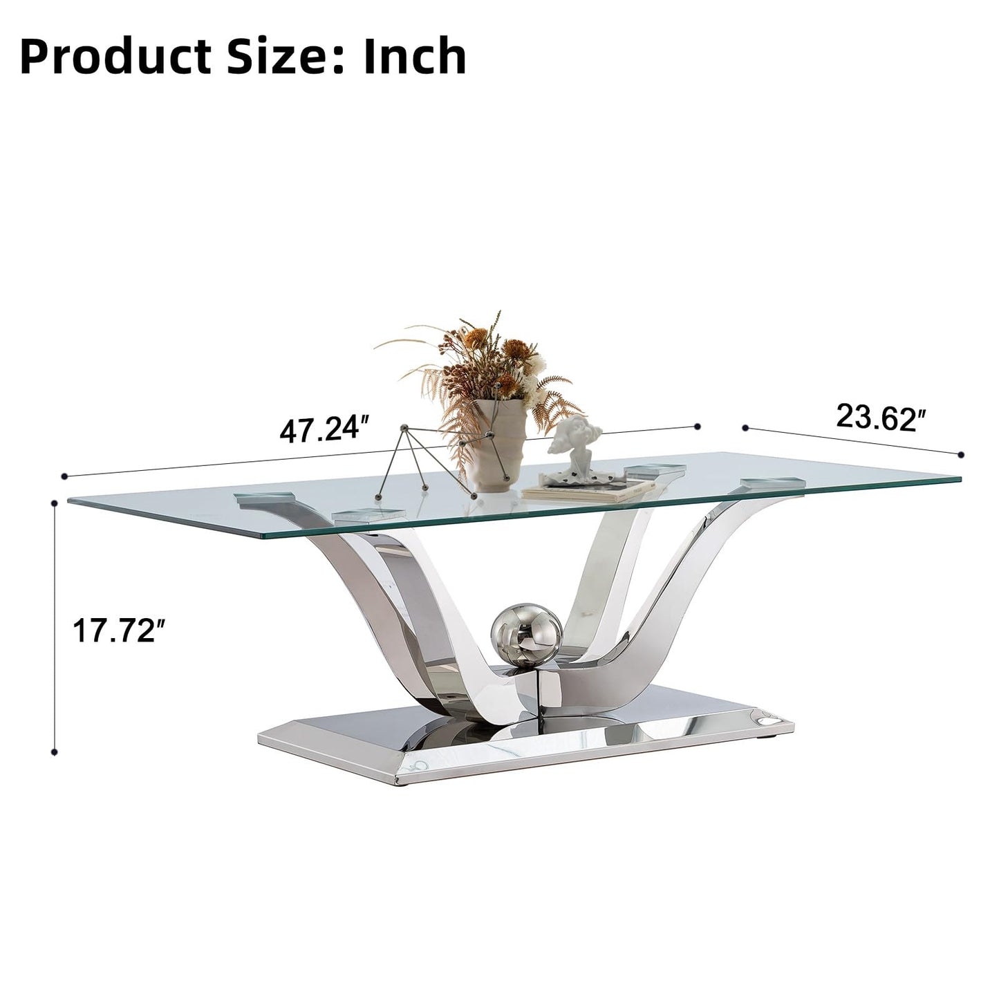 HomVent 47" Coffee Table, Tempered Glass Coffee Tables for Living Room, Entryway Bedside Table, Modern Side Tables Bedroom with Mirror Finish Stainless Steel Base
