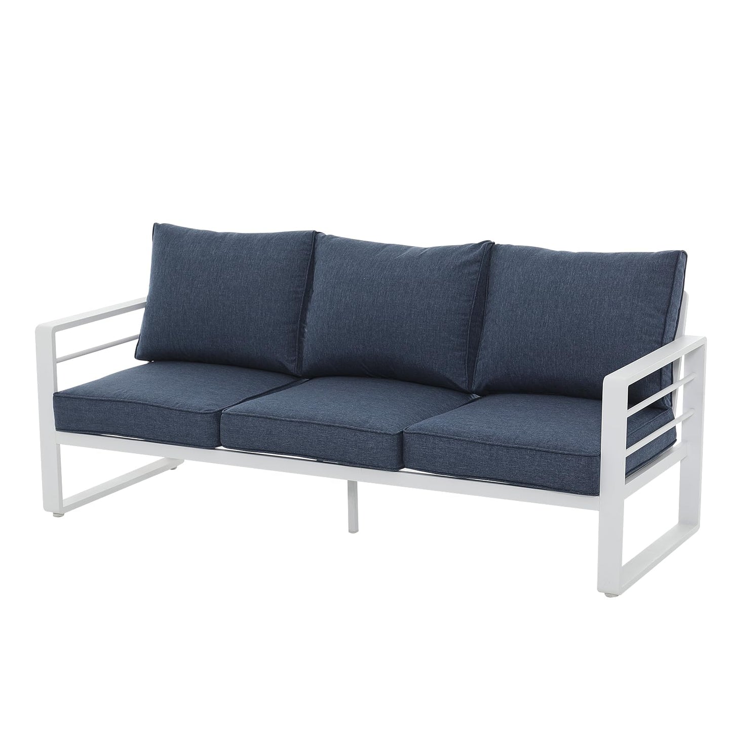 Patiorama Aluminum Patio Furniture Set, Outdoor Patio 3-Seater Sofa, 3 Seats Couch, All Weather White Metal Chair with Olefin Cushion, Deep Seating, 800 lbs Capacity, Deck, Garden-Blue Cushion