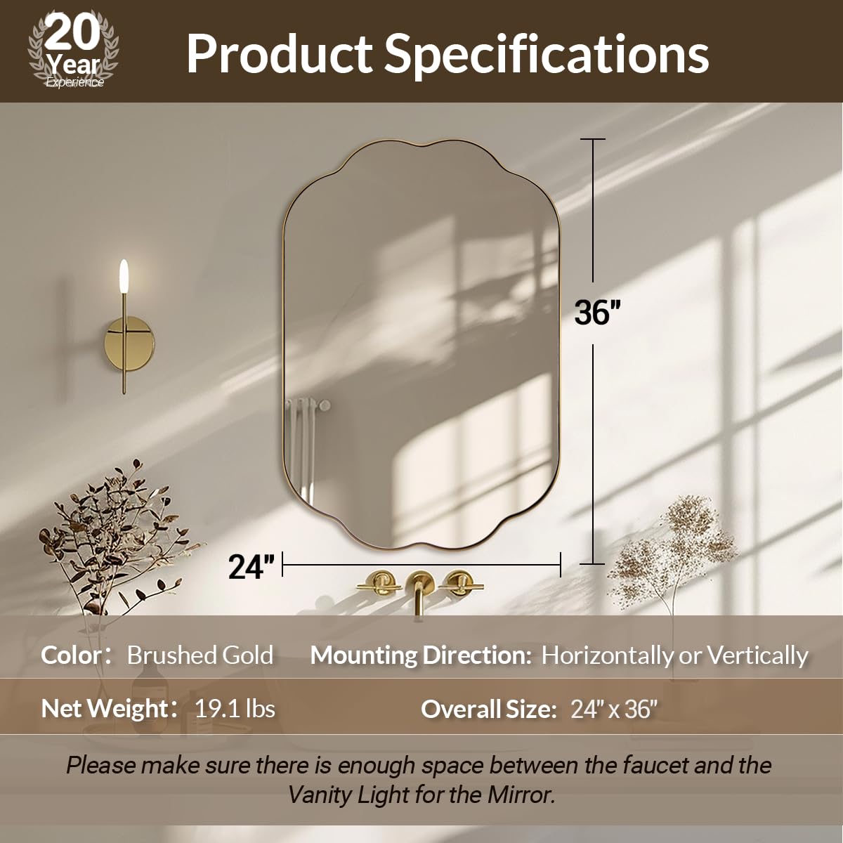 ANDY STAR Scalloped Bathroom Mirror, 24x36 Inch Brushed Gold Vanity Mirror in Stainless Steel Metal Frame, Unique Oval Mirror with Modern Curved Edge Design, Ideal for Bathroom, Bedroom, Entryway