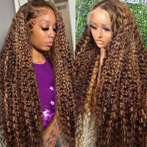 13x6 Highlight Deep Wave Lace Front Wigs Human Hair 210% Density Deep Curly Human Hair Wig Pre Plucked 28inch P4/27 Ombre HD Lace Frontal Wigs for Women