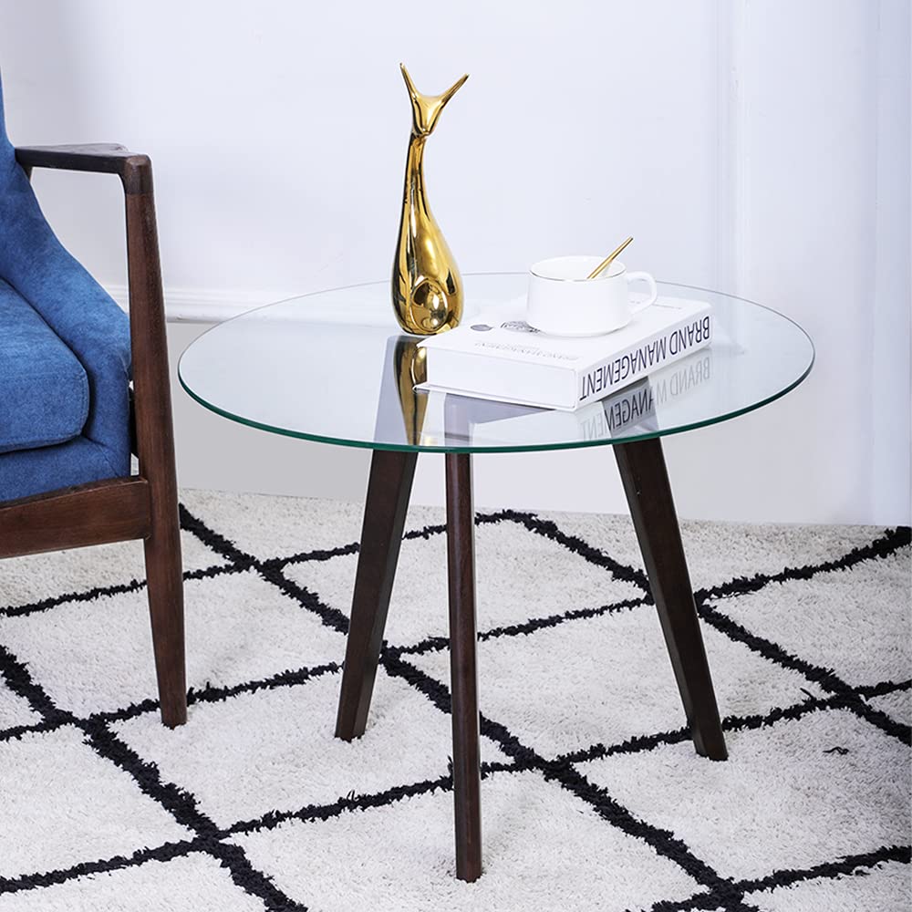 Anzezhong Round Tempered Glass End Table, Round Mid Century Coffee Table, Minimalist Small Coffee Table for Small Spaces Living Room Office, with Triskele Walnut Wood Legs (23.6" D x 17.7" H)