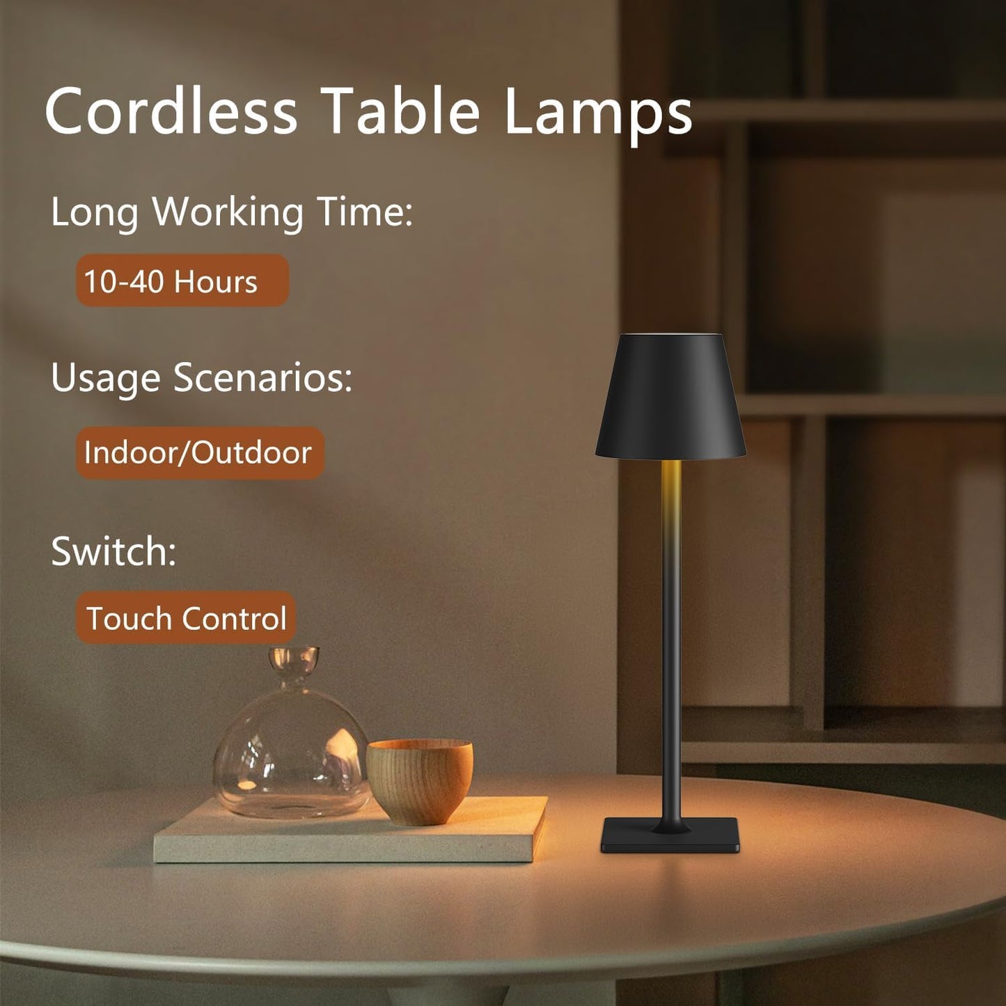 Fizrice Cordless Table Lamp Rechargeable Lamps: 6000mAh Battery Operated Table Lamp Outdoor Waterproof, Touch Control, Portable Wireless Desk Lamp for Dinner/Bedroom/Restaurant(Black 2 Pack)