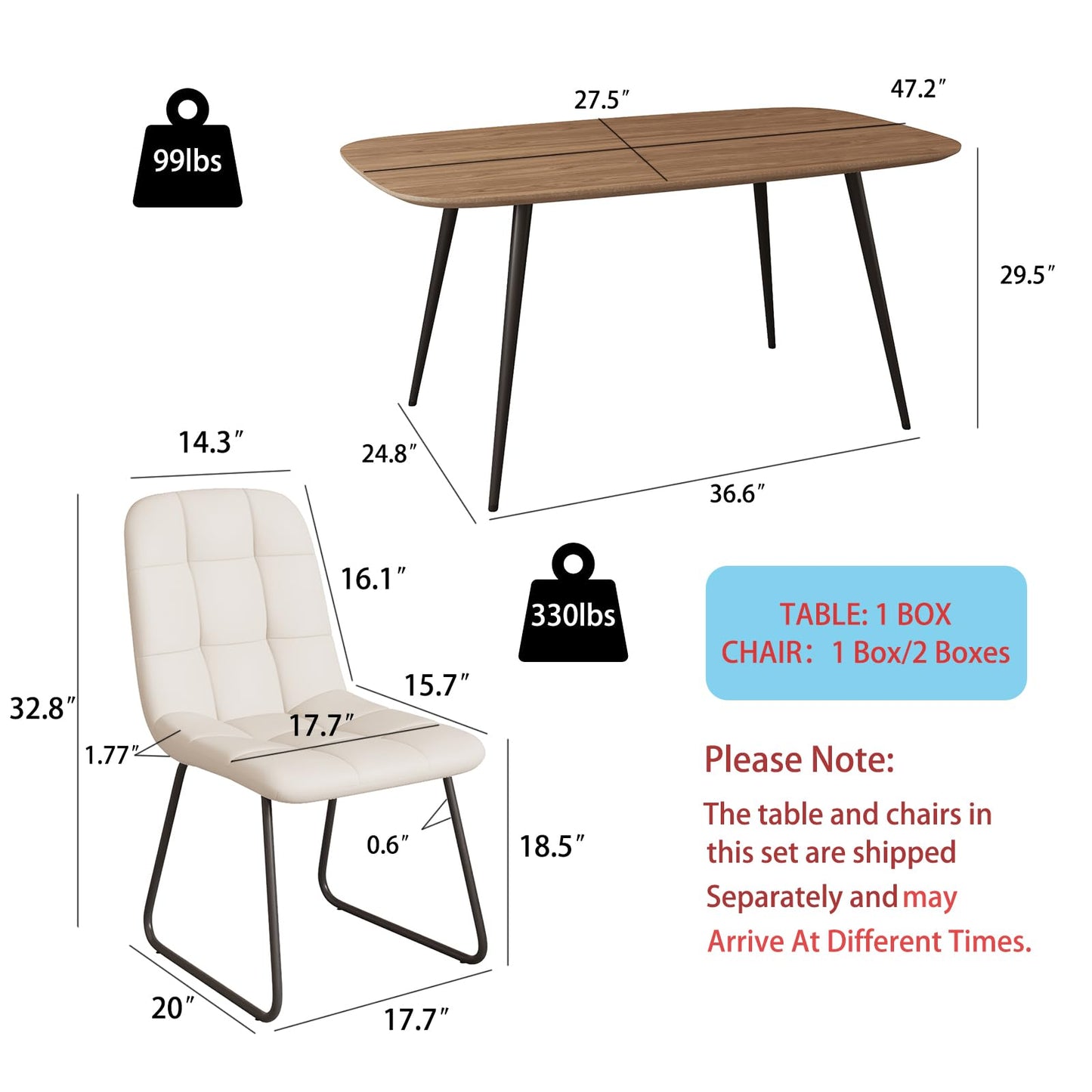 HIPIHOM 47.2'' Dining Table Set for 4,Modern Wood Dining Table,Leather Dining Chairs 4,Table and Chairs Set of 4,Ideal for Kitchen Dining Room (Walnut Color Table + 4 U-Shaped White Chairs, 47.2")