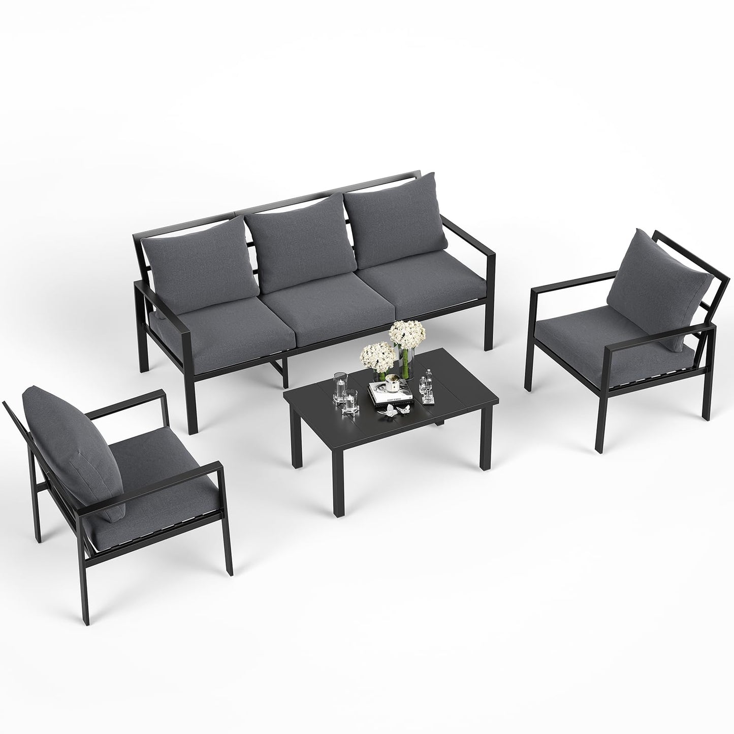 Soohow Patio Furniture Set,5 Pieces Outdoor Patio Furniture with Coffee Table Set,Metal Conversation Set with Waterproof Fabric & High-Resiliency Cushions(Grey)