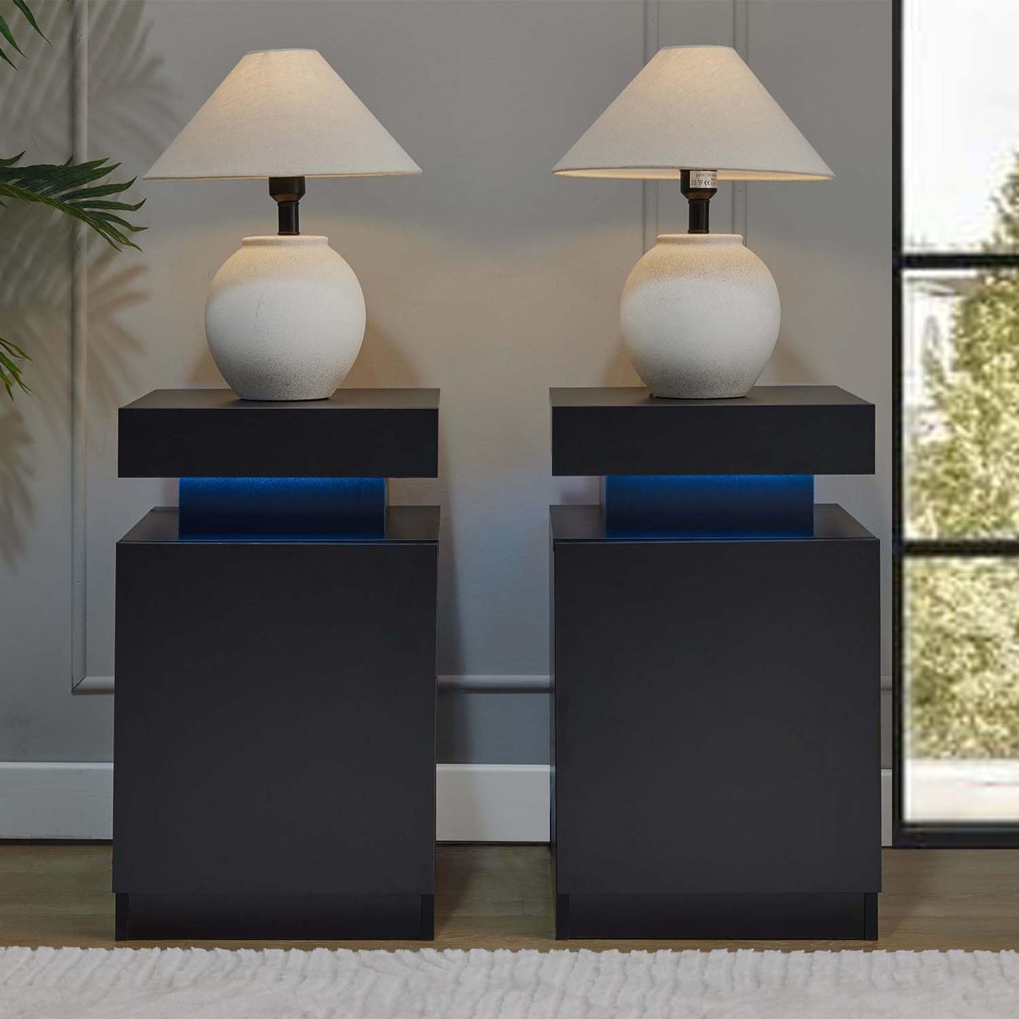 Black Nightstands with Set of 2, LED End Table Set with One Storage Cabinet, Modern Bedside Table with Door for Bedroom