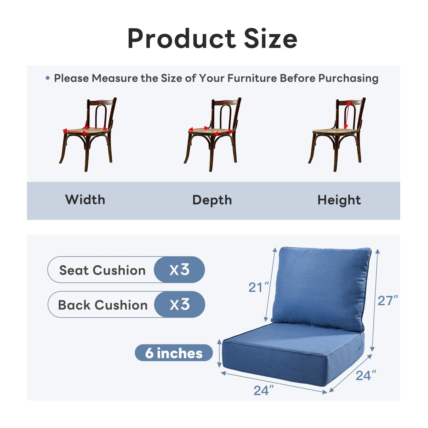 Artfurniz 6" Thicker Outdoor Chair Cushion 3 Sets - 24" *24" *6" Waterproof Patio Furniture Cushions with Removable Cover, 28D High Density Sponge Filling Thicken Outdoor Patio Cushions - Blue