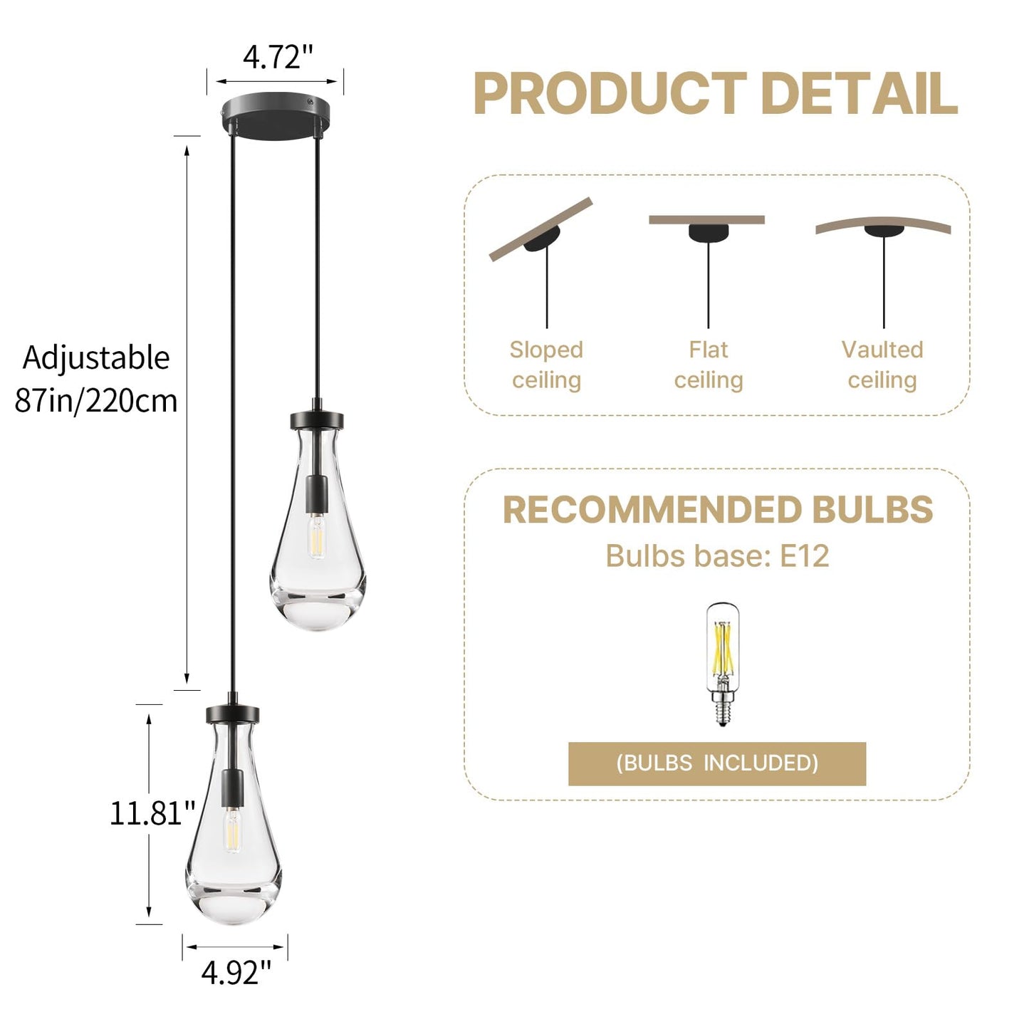 Raindrop Pendant Lights Kitchen Island: Modern Black Teardrop Hanging Light for Bathroom - 2 Lights Crystal Pendants Light over Dining Table - Brass matte lamps Fixture for Bedroom Bulbs Included