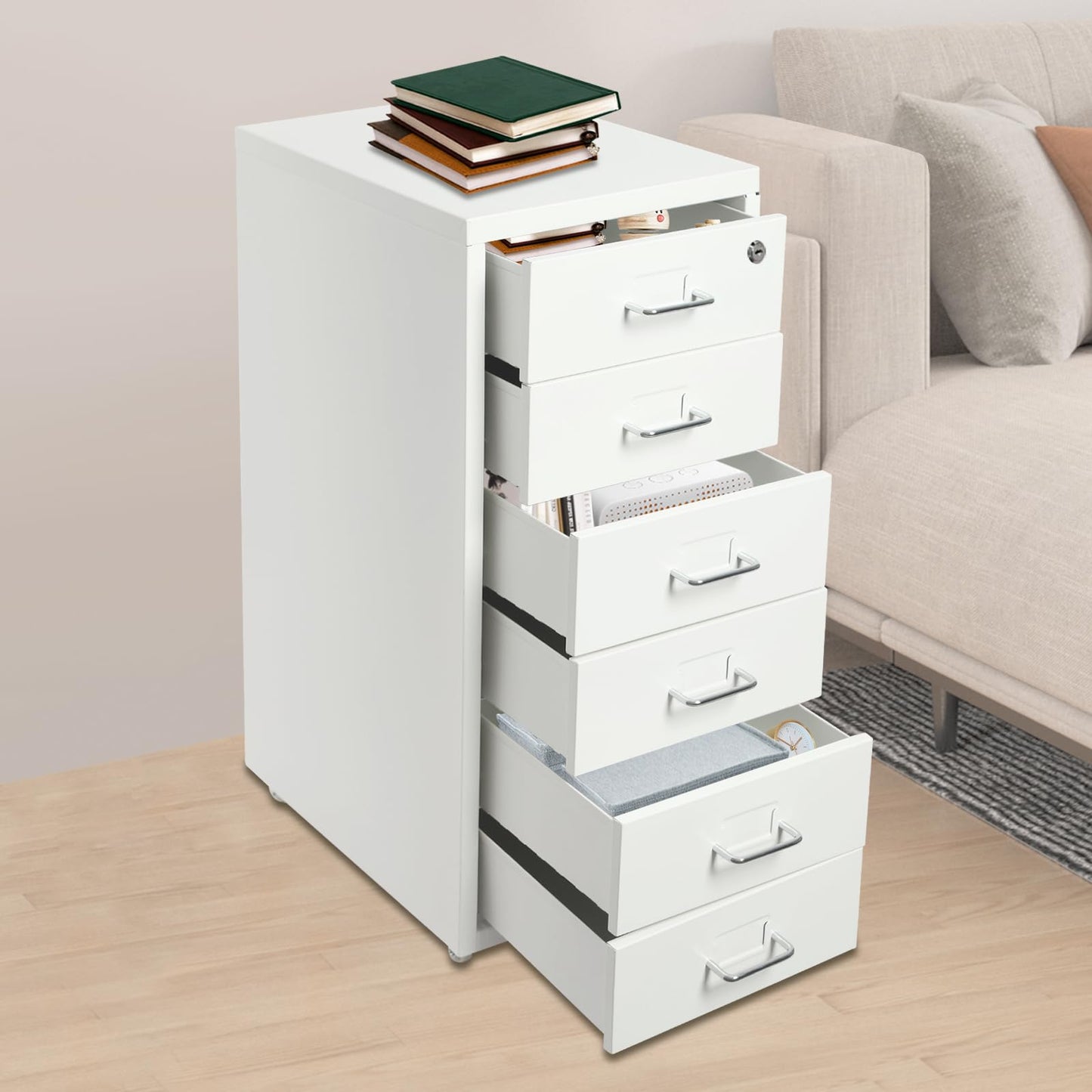 HZOPUTLH 6 Drawer Vertical File Cabinet with Lock, Freestanding Filing Metal Drawers Organizer with 4 Wheels, Movable Under Desk Cabinet Vertical File Storage for Home Office (White)