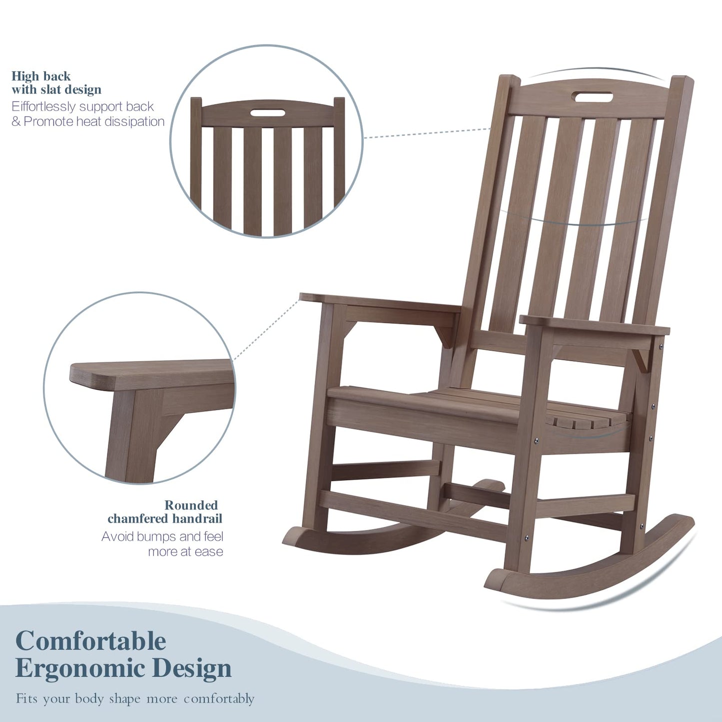Psilvam Oversized Outdoor Rocking Chair, with 21" Wide Seat and 32" Tall Backrest, Pre-Assembled with Most Components for Effortless Installation (Brown)