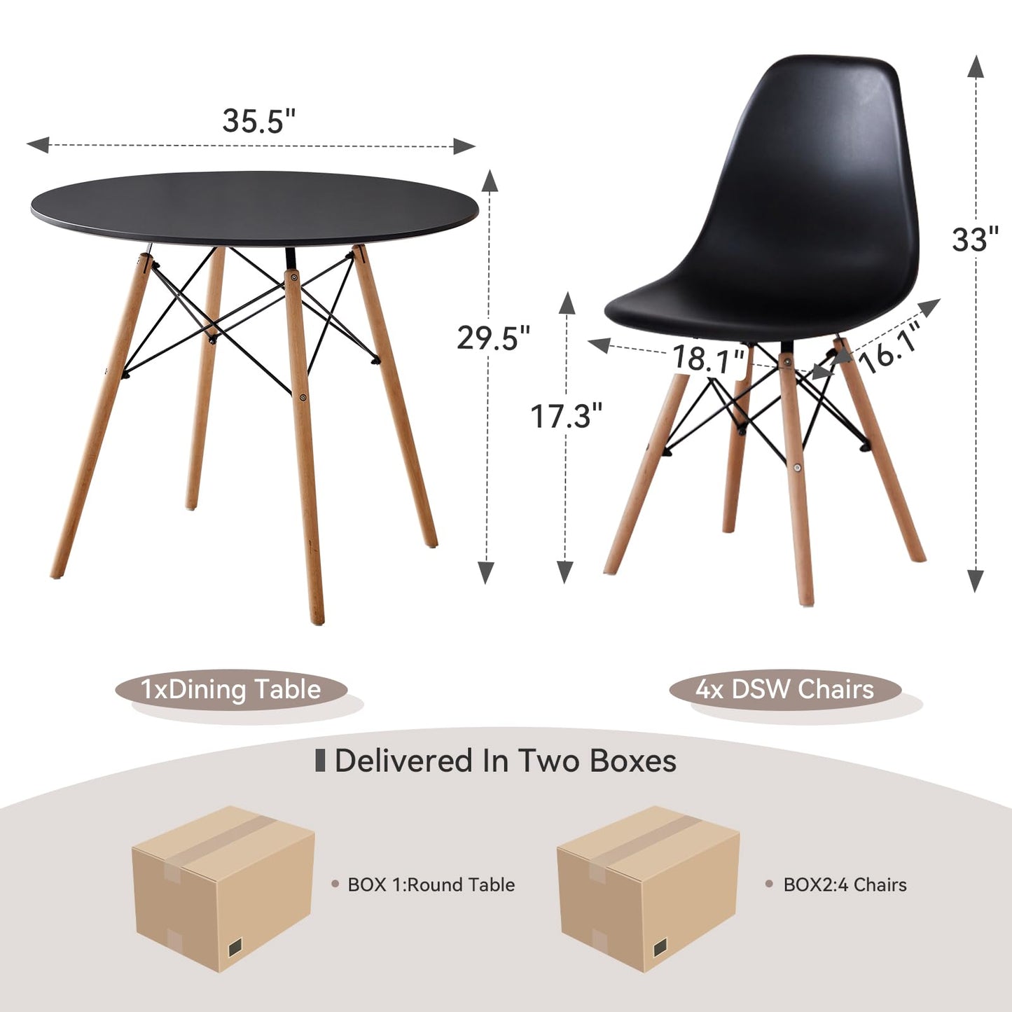 Lecafur HL 5-Piece 35.5" Round Dining Table Set, Small Kitchen Table Chairs Set of 4 Plastic Seats, Solid Wood Legs, Space Saving Furniture for Living Room Apartment Office Home, Black
