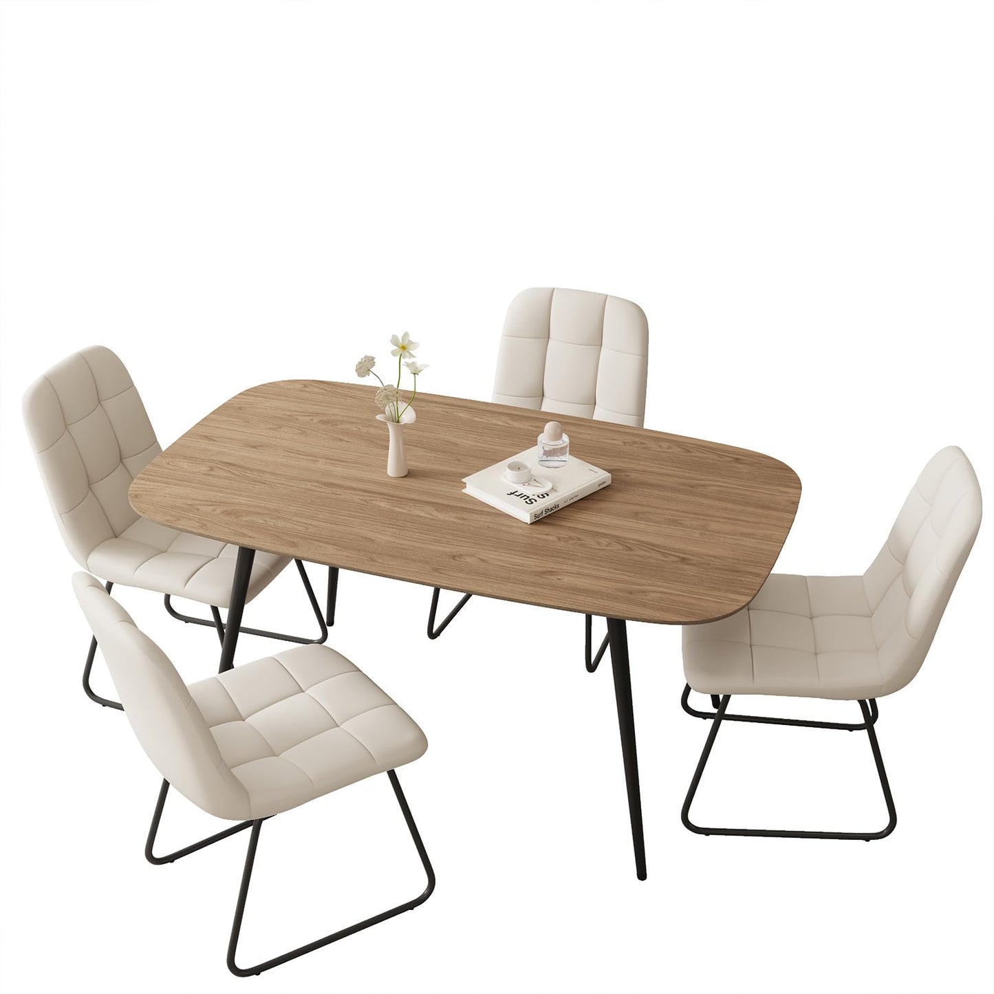 HIPIHOM 47.2'' Dining Table Set for 4,Modern Wood Dining Table,Leather Dining Chairs 4,Table and Chairs Set of 4,Ideal for Kitchen Dining Room (Walnut Color Table + 4 U-Shaped White Chairs, 47.2")