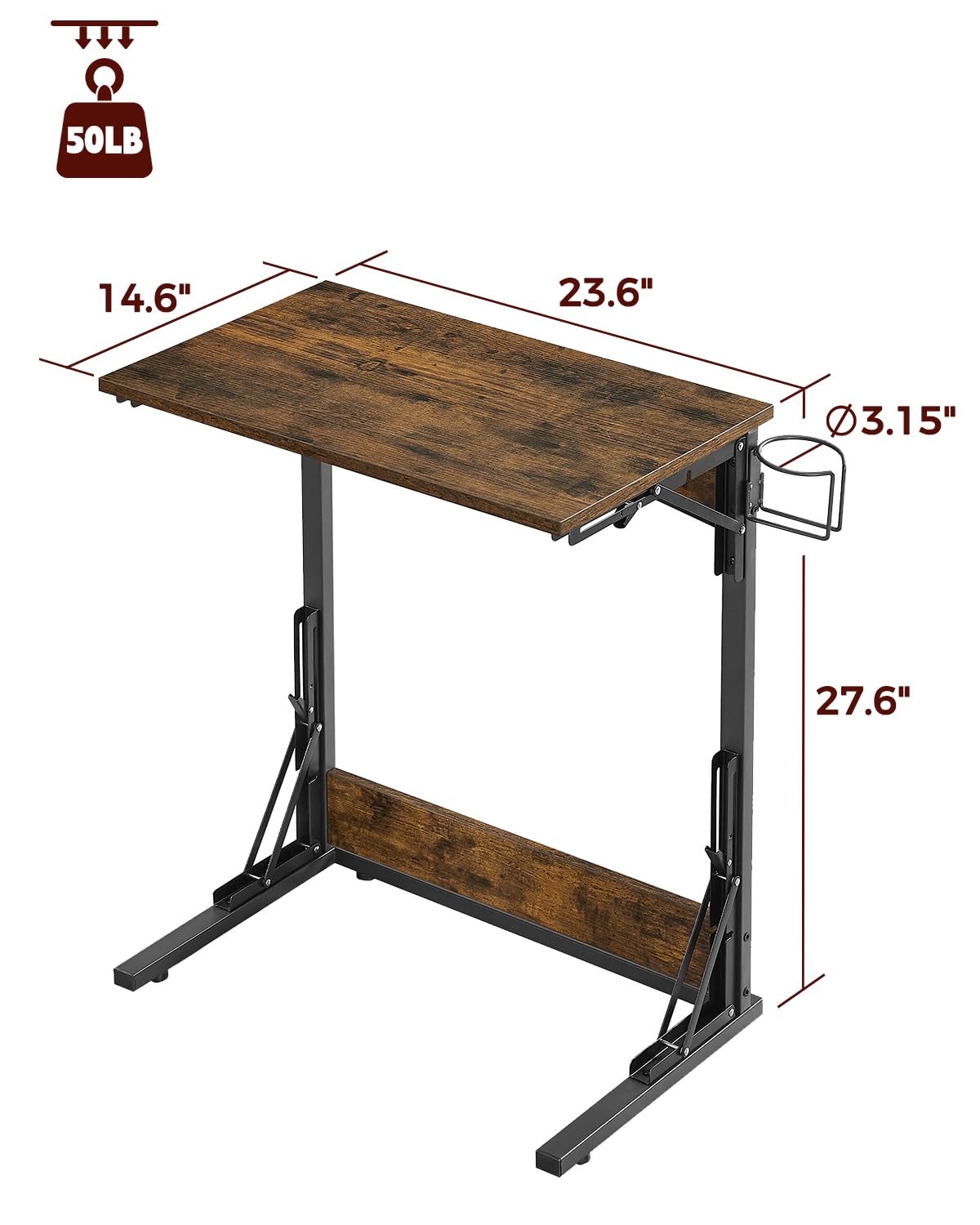 Tatub 24" Upgraded Folding TV Tray Table, Foldable C Shaped End Table for Couch, TV Dinner Tray with Cup Holder, Small Sofa-Side Laptop Desk for Living Room Bedroom, Rustic Brown
