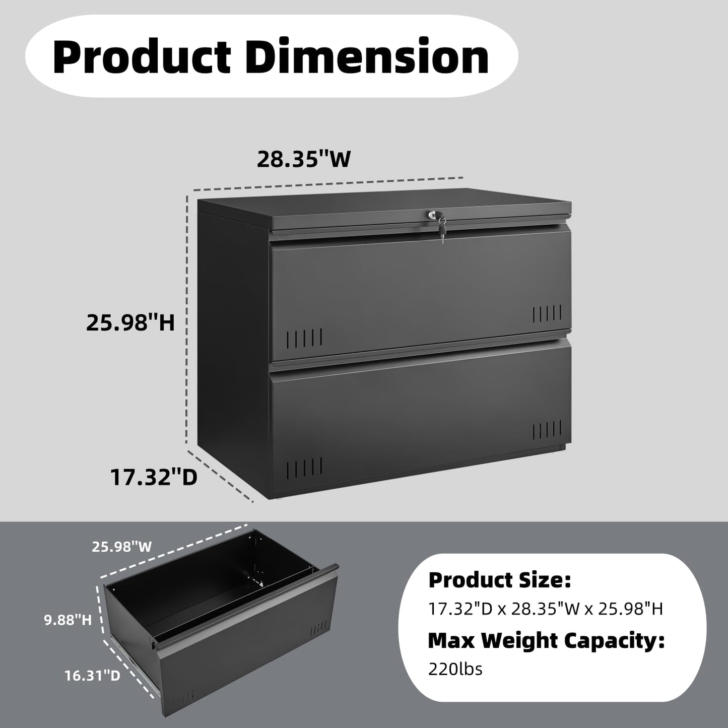 Approgreent 2 Drawer File Cabinet, File Cabinets for Home Office, Printer Stand, File Cabinet with Lock, Lateral Filing Cabinet for A4/Letter/Legal Size File Folders, Assembly Required(Black)
