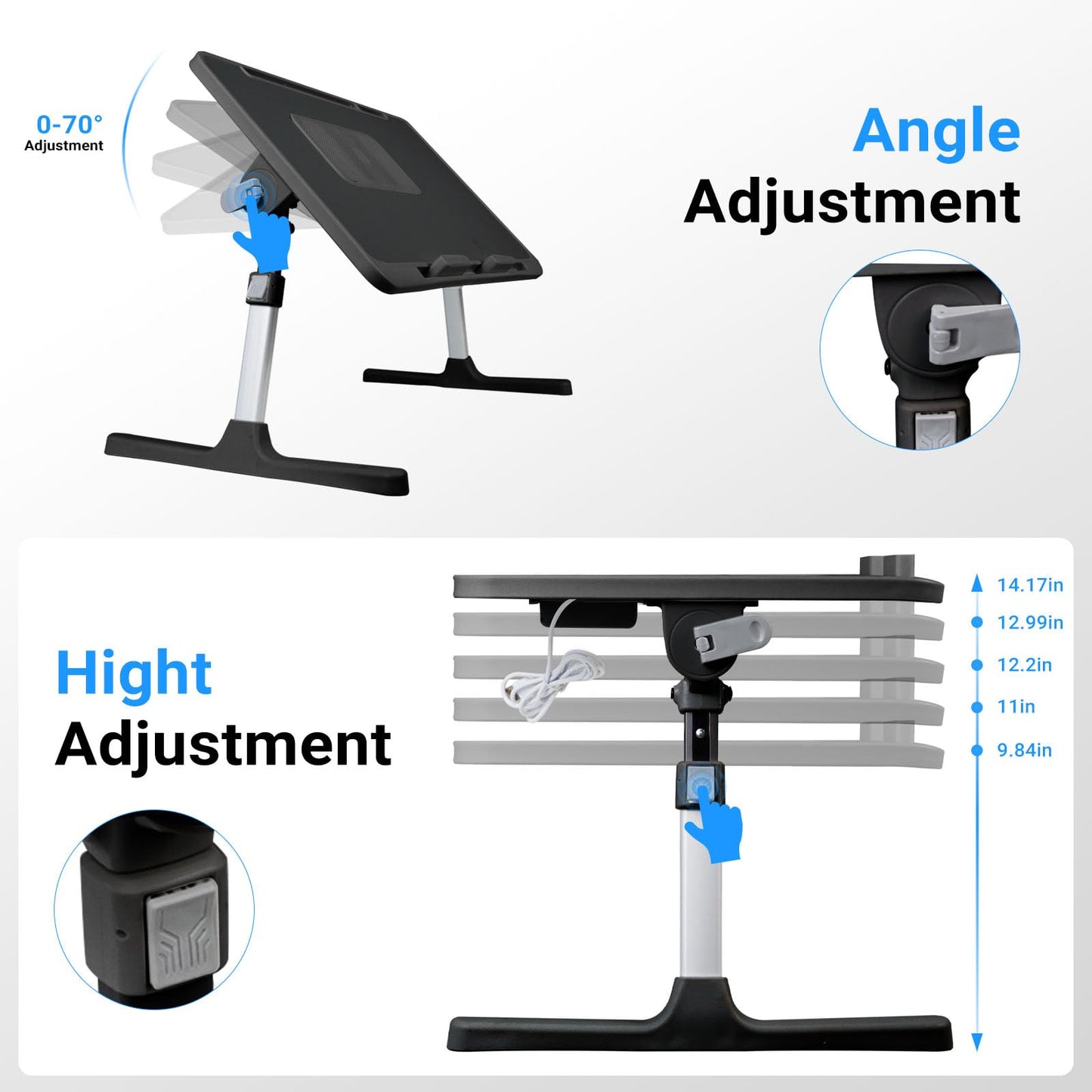 iXTRA Laptop Lap Desk with Cooling Fan - Adjustable with Light, USB, Storage Drawer - Folding Bed Desk,22.04"*12.59",Black