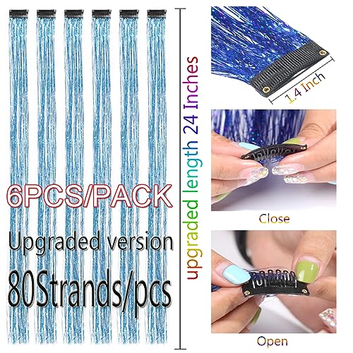 Clip In Hair Tinsel Sky Blue Shiny Sparkle Fairy Hair 80 Strands/Pc Very Cute for Girls Christmas New Year Halloween Party Smurfs Event