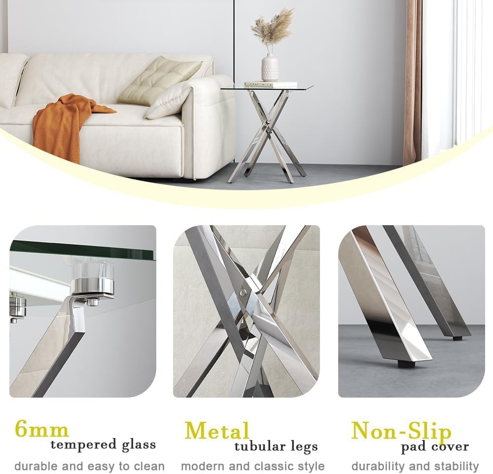 NIERN Small Side Coffee Table Set of 2 with Chromed Legs, Tempered Glass Square Modern End Table for Living Sofa Room Home Office (2 Pieces, Silver, 19.68"×19.68"×21.65")