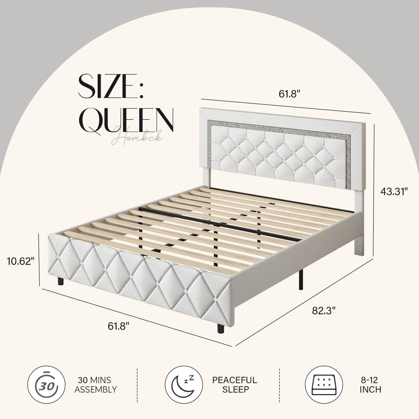 HOMBCK Queen Platform Bed Frame with Upholstered Diamond Headboard, Mattress Foundation with Strong Wooden Slats Support, No Box Spring Needed, Easy Assembly, Pearlized White