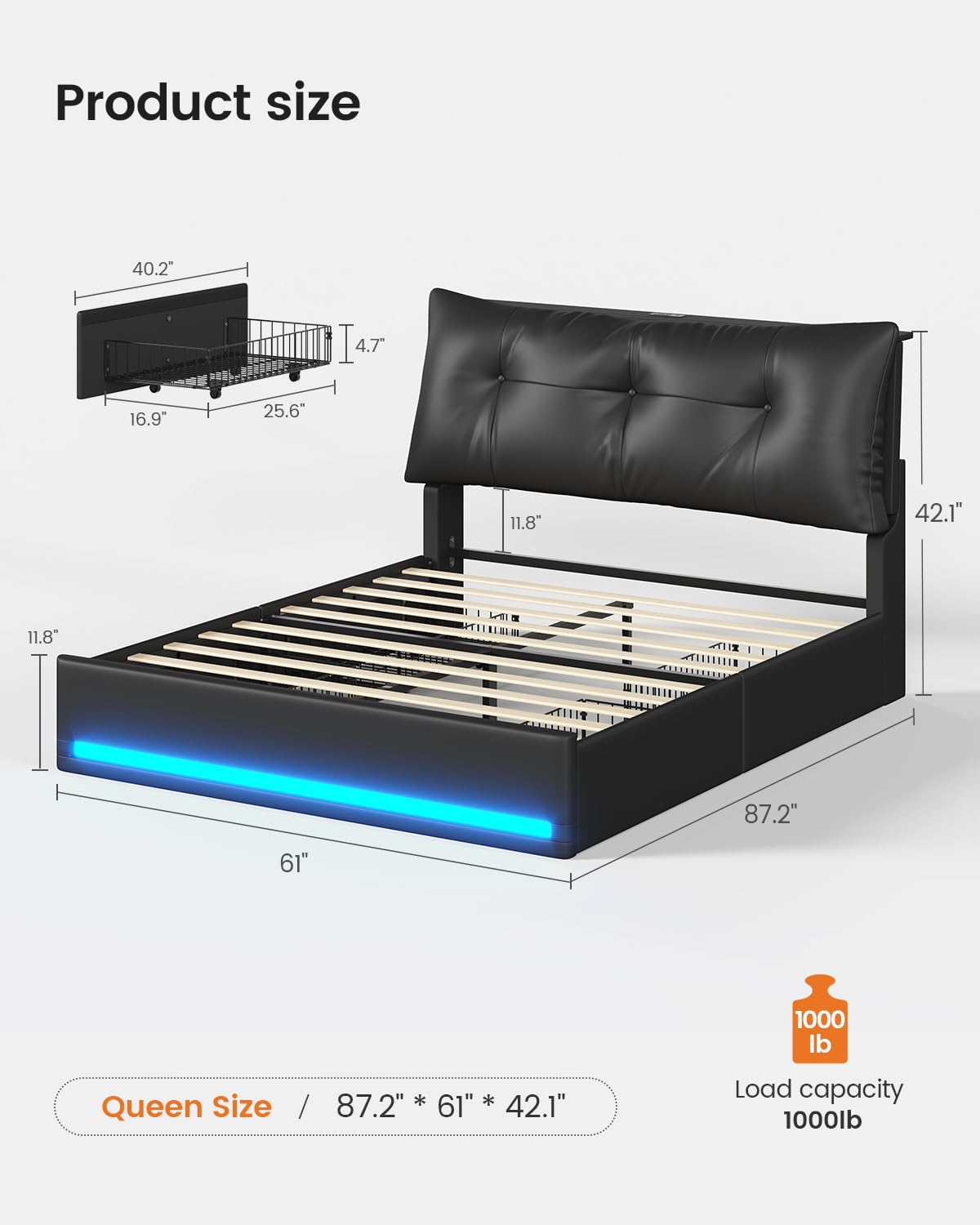 AOGLLATI Upholstered Queen Bed Frame with RemovableThick Backrest Headboard, Led Bed Frame Queen Size with 4 Storage Drawers and Charging Station, No Spring Box Needed, Black