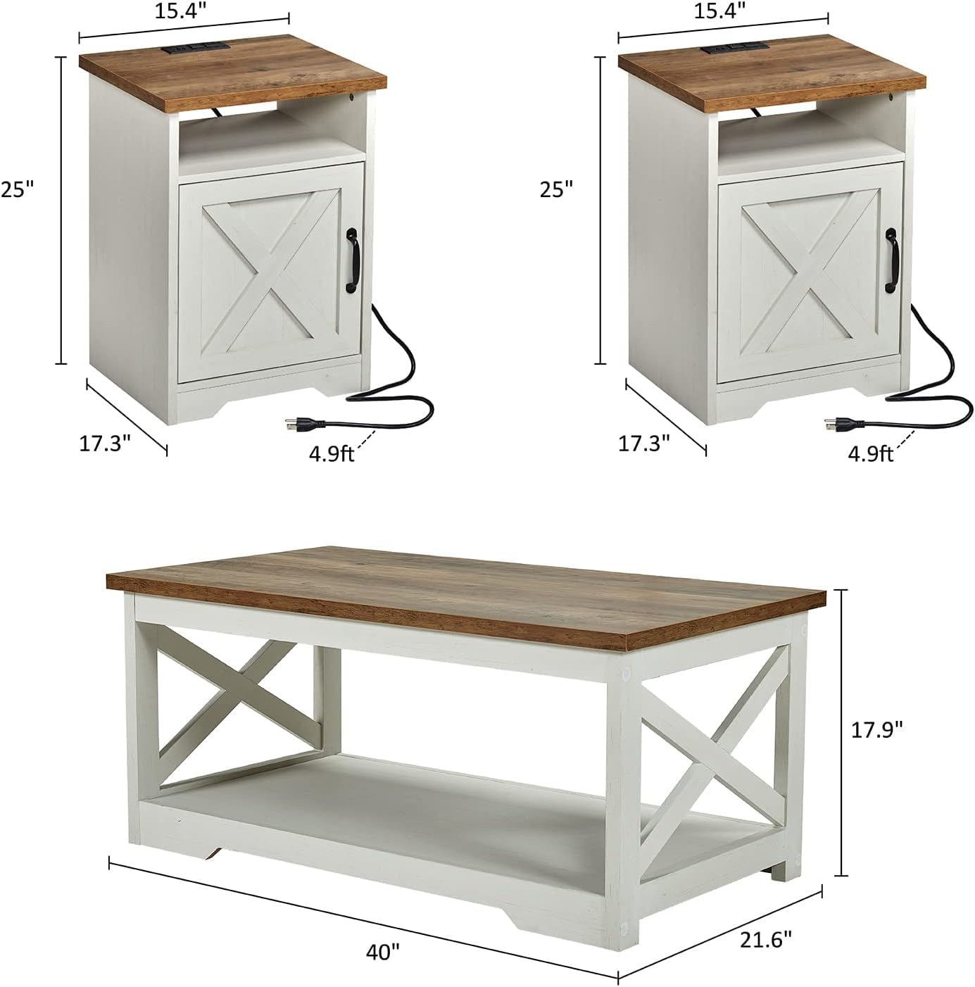 AMERLIFE 4 Pieces Living Room Table Sets, 70" Farmhouse TV Stand with 33" Electric Fireplace, Coffee Table & 2 End Tables with Charging Station and USB Ports, Living Room, White & Barnwood